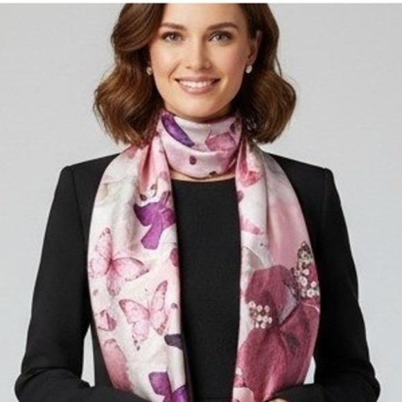 Talbots 100% Silk Scarf Pink Purple Butterfly Print Womens Square Neck Head - Picture 1 of 11